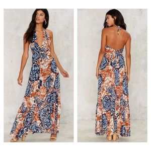 Navy Bronze Cream Floral Halter Maxi Dress